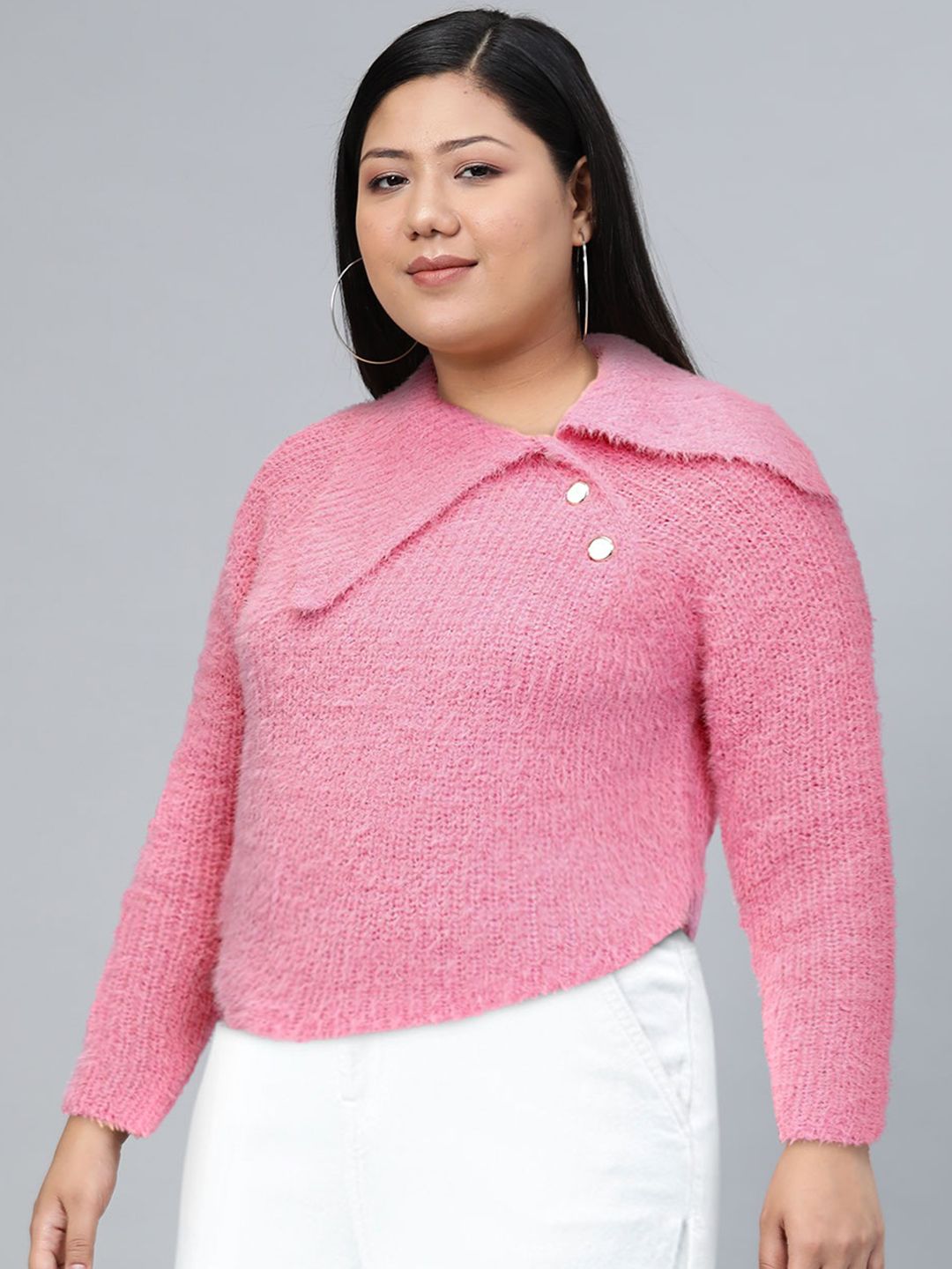 Tokyo Talkies Pink Abstract Self Design Asymmetric Collar Acrylic Pullover Crop Sweater