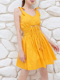 DressBerry Flattering Charm Cinched Smocked Waist Cut-Outs Bow Detailed A-line Mini Dress