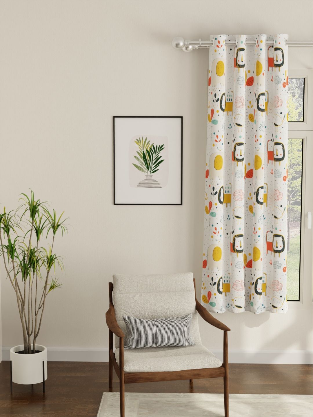 URBAN SPACE White & Yellow Quirky Black Out Window Curtain