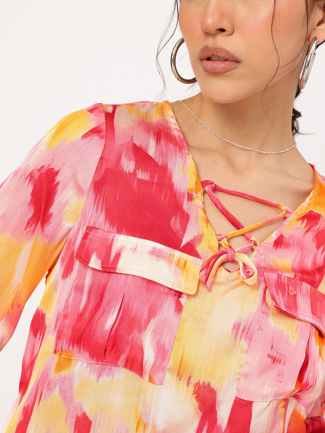 DressBerry Chic & Cheery Criss-Cross Tie-Up Neck Printed Puff Sleeve Top