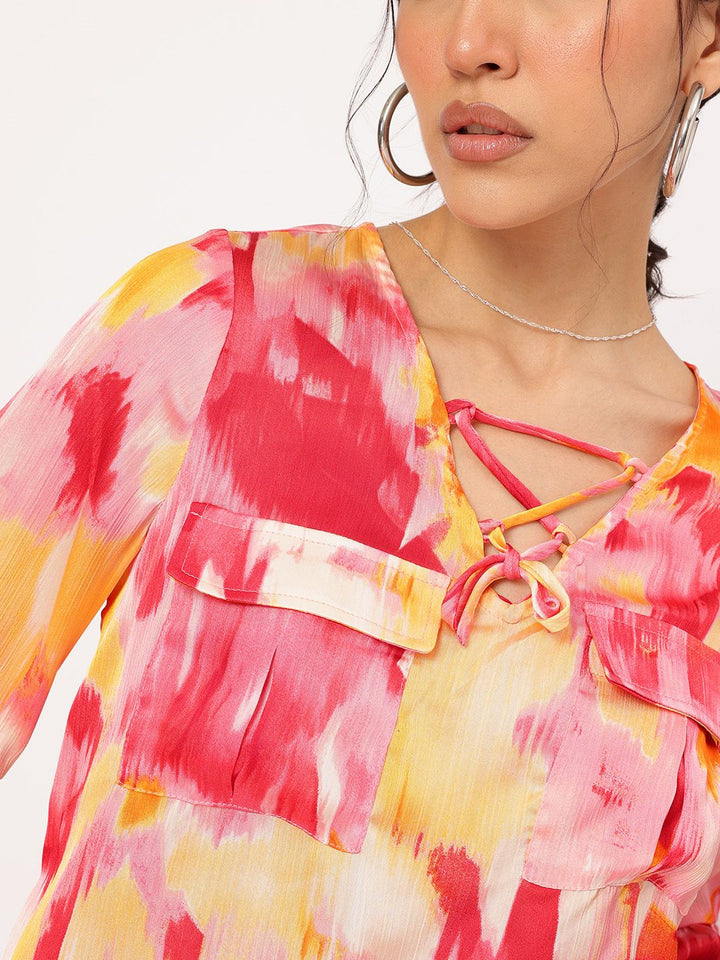 DressBerry Chic & Cheery Criss-Cross Tie-Up Neck Printed Puff Sleeve Top