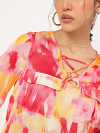 DressBerry Chic & Cheery Criss-Cross Tie-Up Neck Printed Puff Sleeve Top