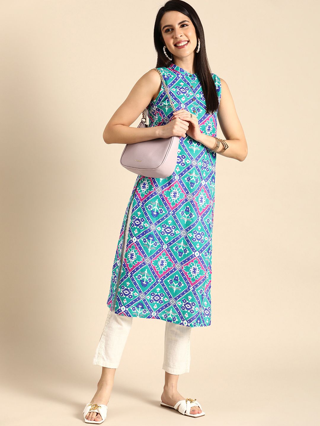 Anouk Women Geometric Print Band Collar Pure Cotton Straight Kurta