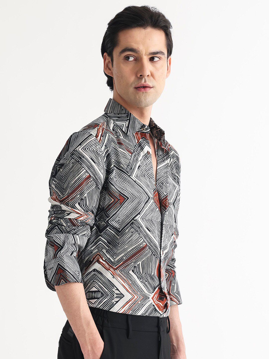 RARE RABBIT Men Sart Abstract Printed Slim Fit Cotton Shirt