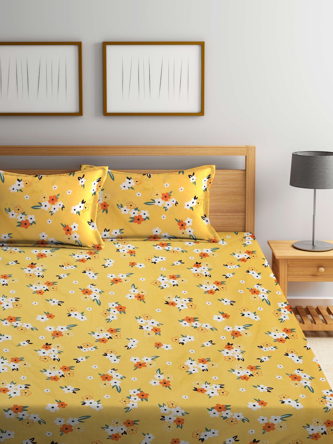 KLOTTHE Yellow & Red Floral 300 TC Fitted King Bedsheet with 2 Pillow Covers