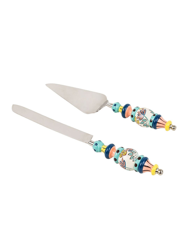 Chumbak Blue & Green Set Of 2 Floral Printed Hand-painted Stainless Steel Cake Server Set
