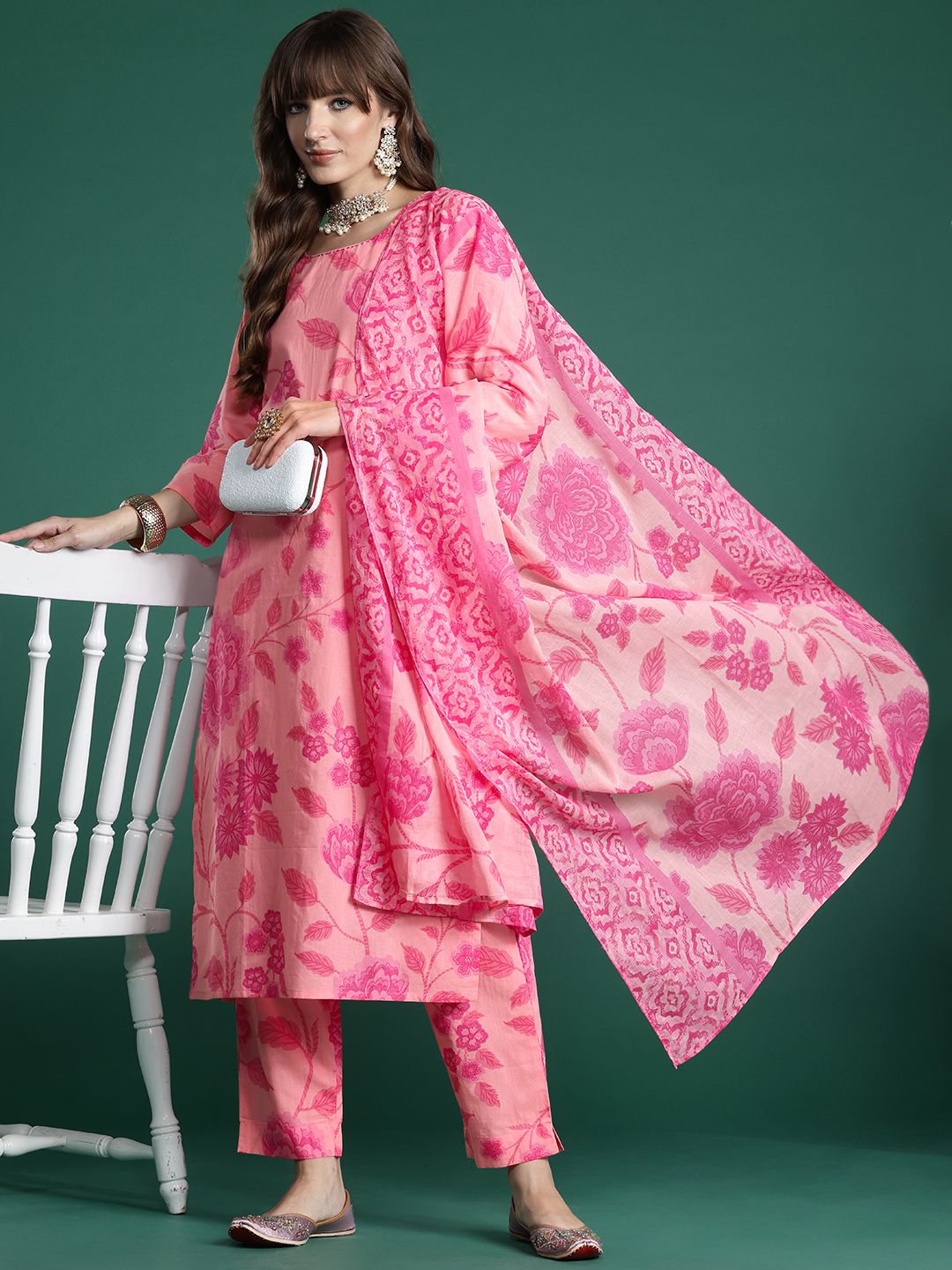 Indo Era Floral Printed Pure Cotton Kurta with Trousers & With Dupatta