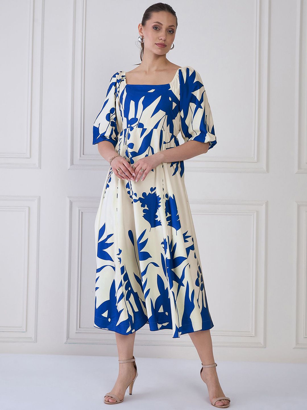 Antheaa Tie and Dye Print Puff Sleeve Crepe A-Line Midi Dress