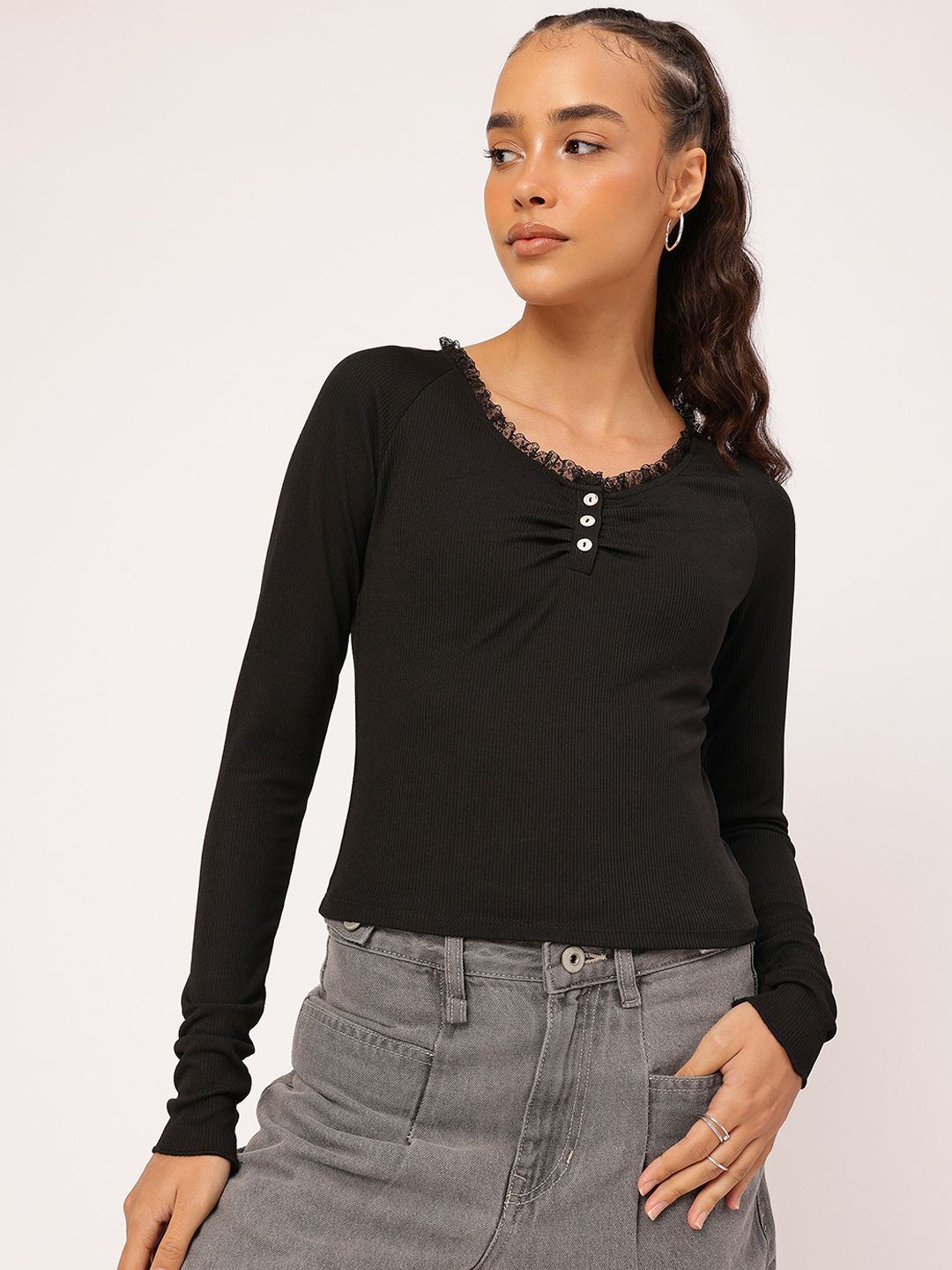 DressBerry Lace Gather Detailed Fitted Top