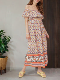 Boho Fetish Vibe Off Shoulder Smocked Midi Dress