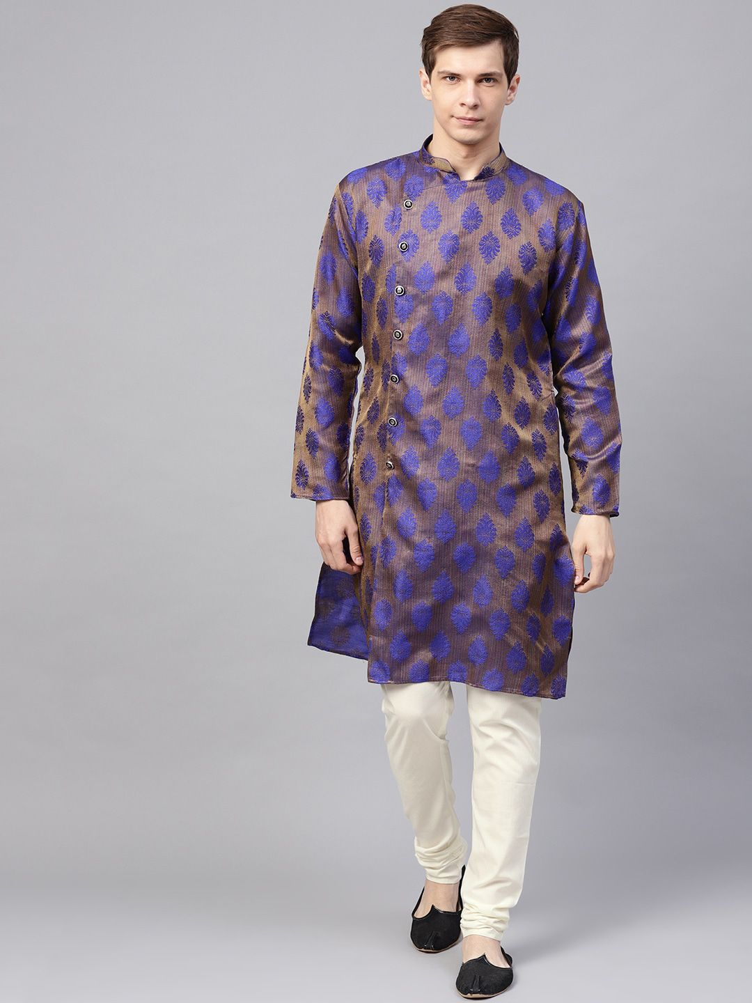 SOJANYA Woven Design Mandarin Collar Silk Cotton Angrakha Kurta