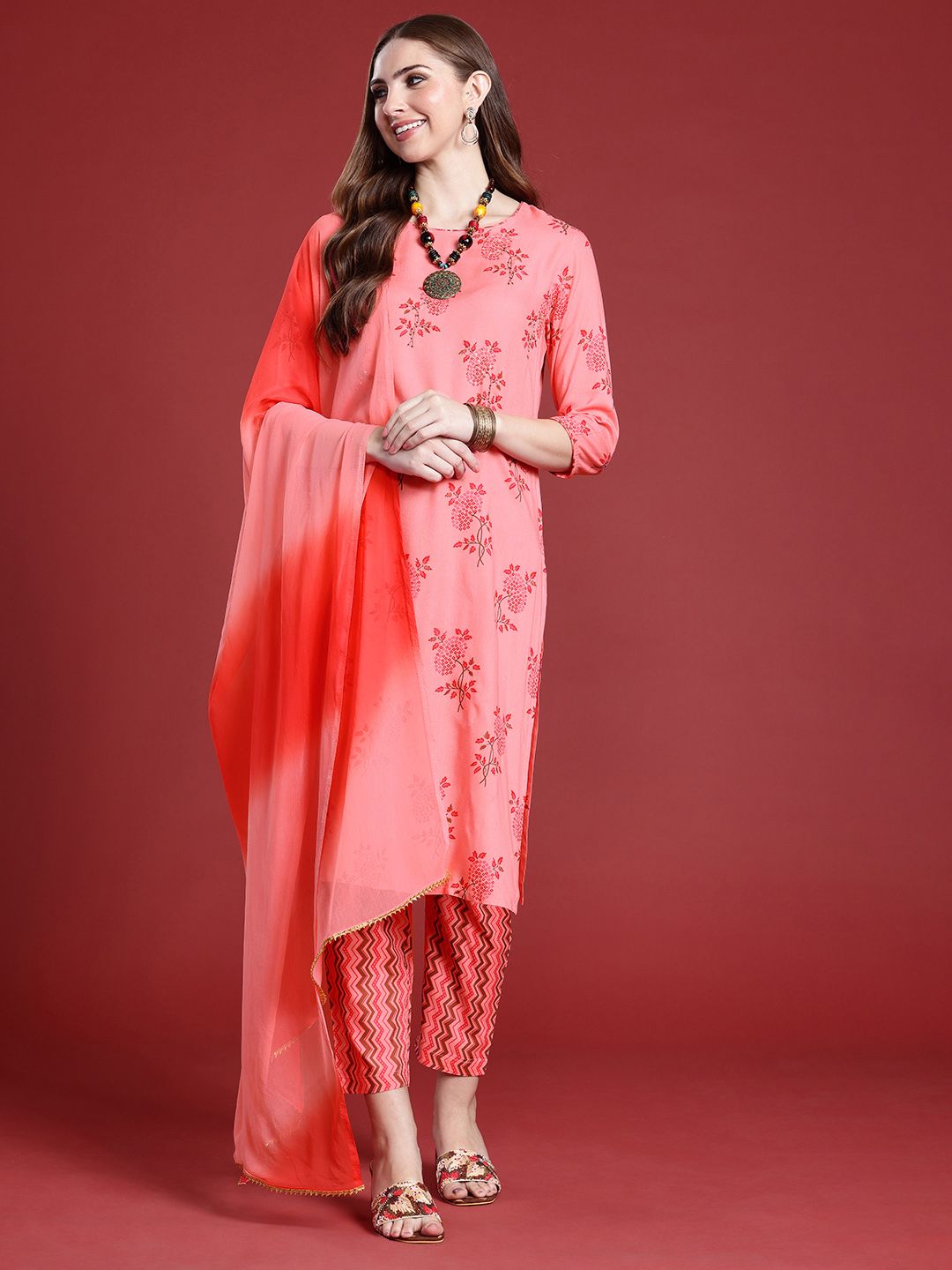 Anouk Women Floral Printed Sequinned Kurta With Trousers & Dupatta