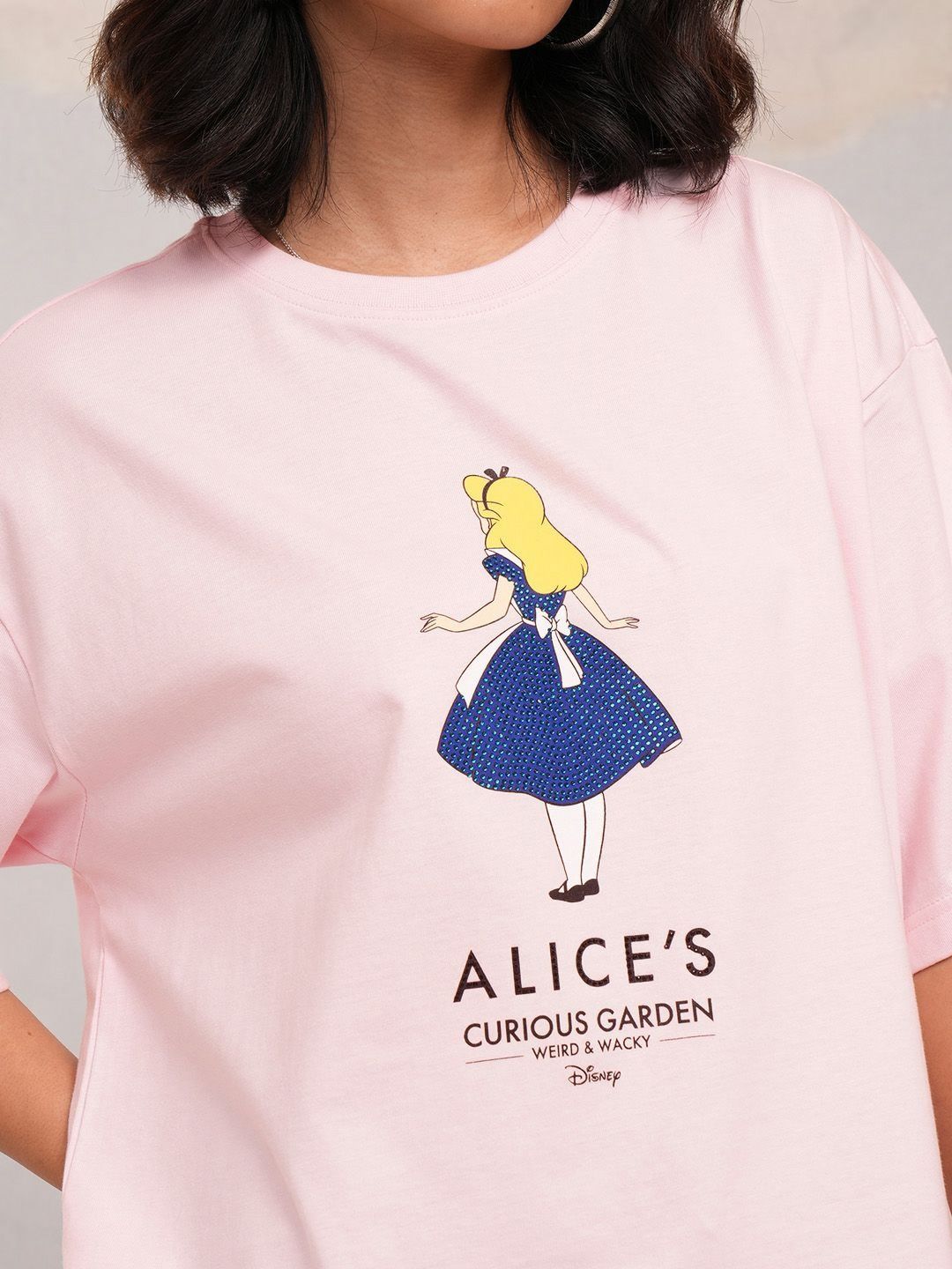 Tokyo Talkies Women Alice in Wonderland Printed Boxy Pure Cotton Tshirt
