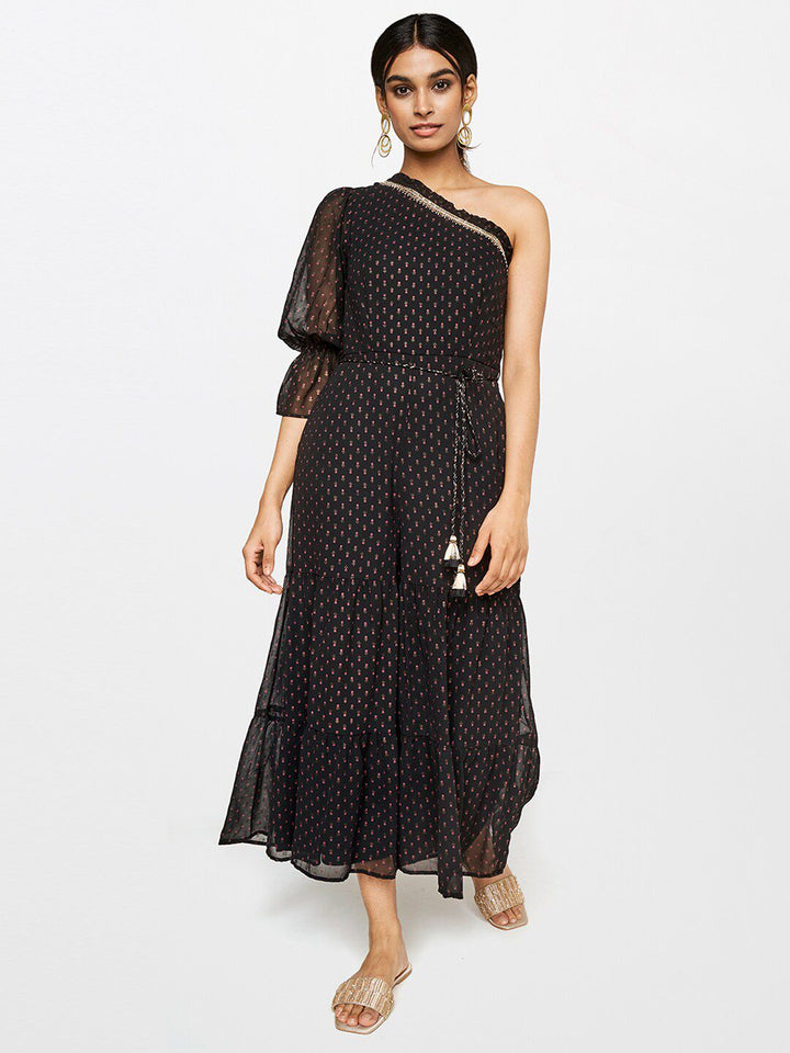 Global Desi Black & Pink Off-Shoulder Printed Jumpsuit