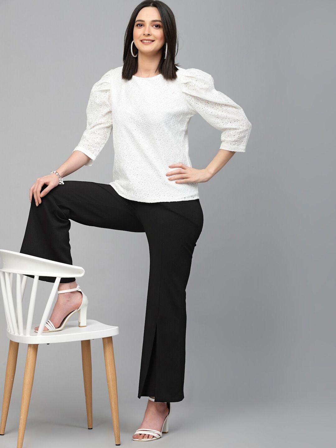 style quotient women Schiffli Puff Sleeve Cotton Regular Top