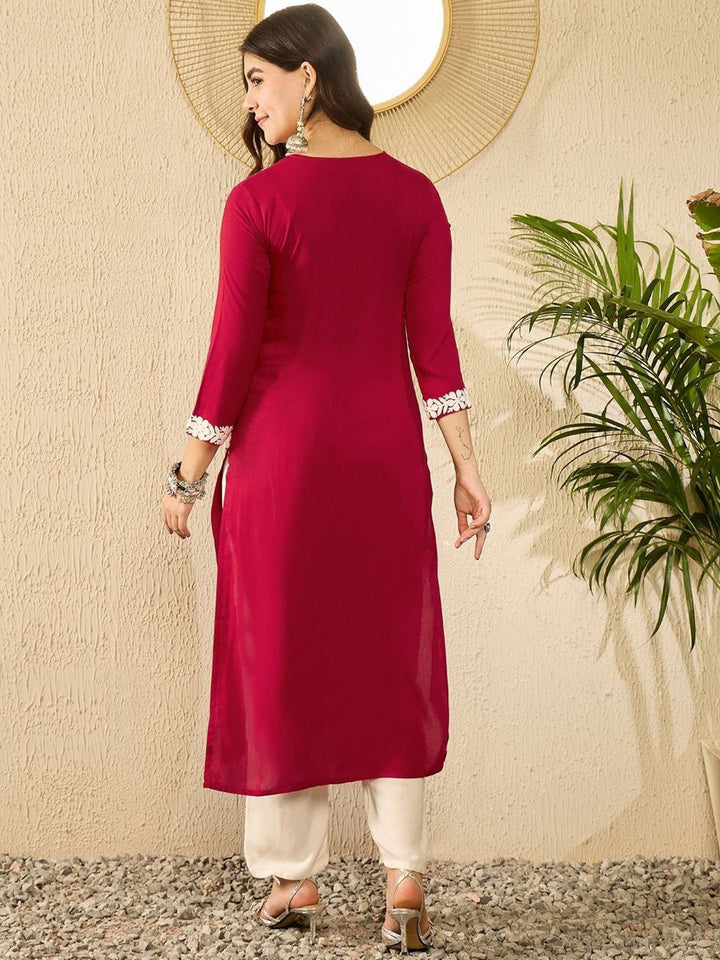 KALINI Floral Embroidered Round Neck Chikankari Straight Kurta