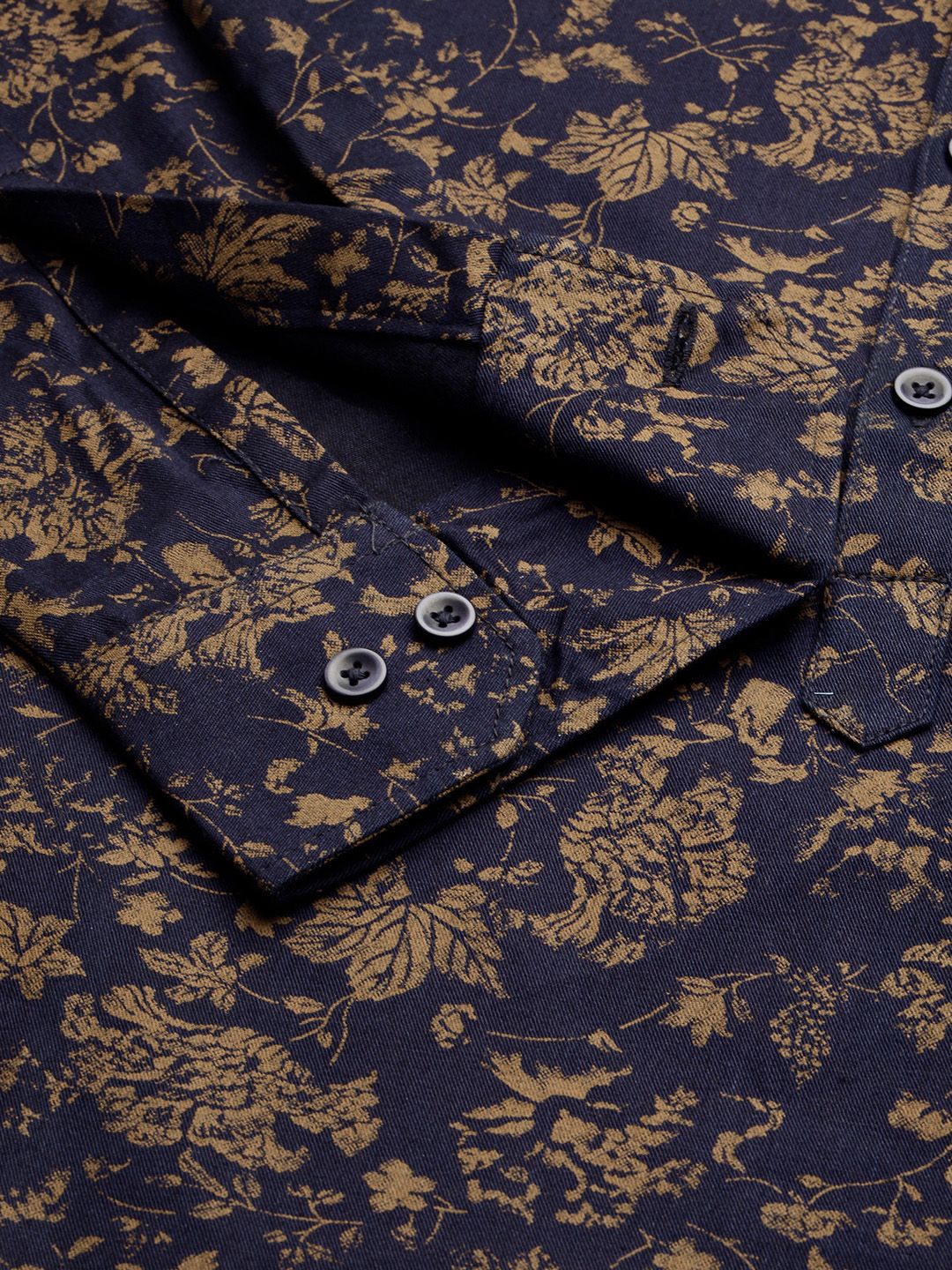 Anouk Men Navy Blue & Beige Floral Dicetak Lurus Pendek Kurta