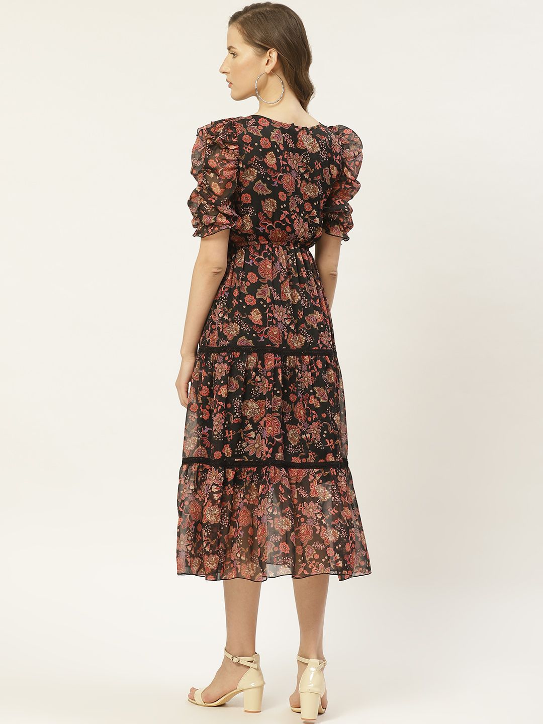 Antheaa Black & Rust Orange Floral Print Tiered Midi Fit & Flare Dress with Ruffles