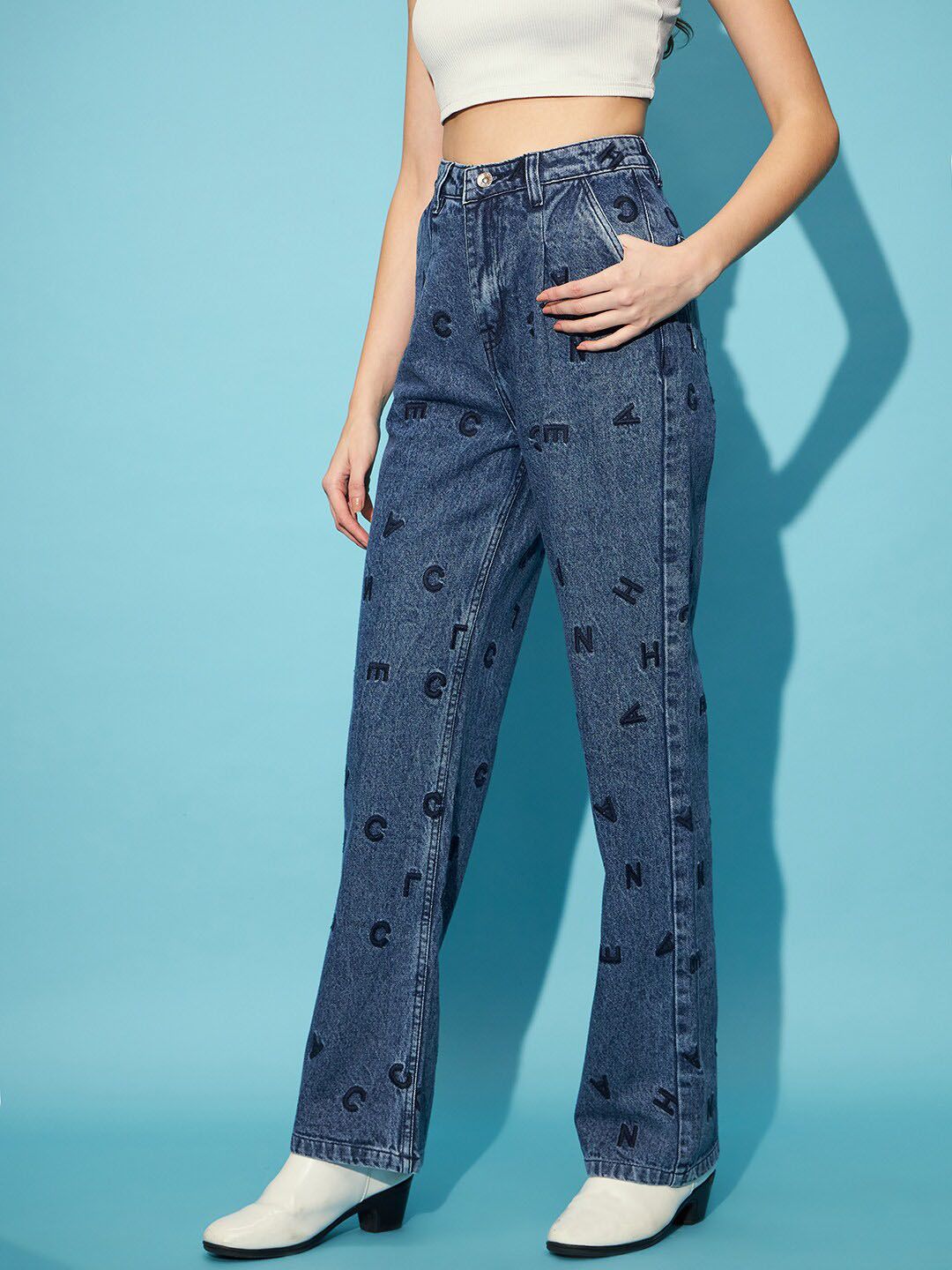 STREET 9 Women Blue Embroidered Clean Look Mom Fit High-Rise Pure Cotton Jeans