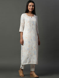 AURELIA Floral Printed Keyhole Neck Three Quarter Sleeves Thread Work Kurta