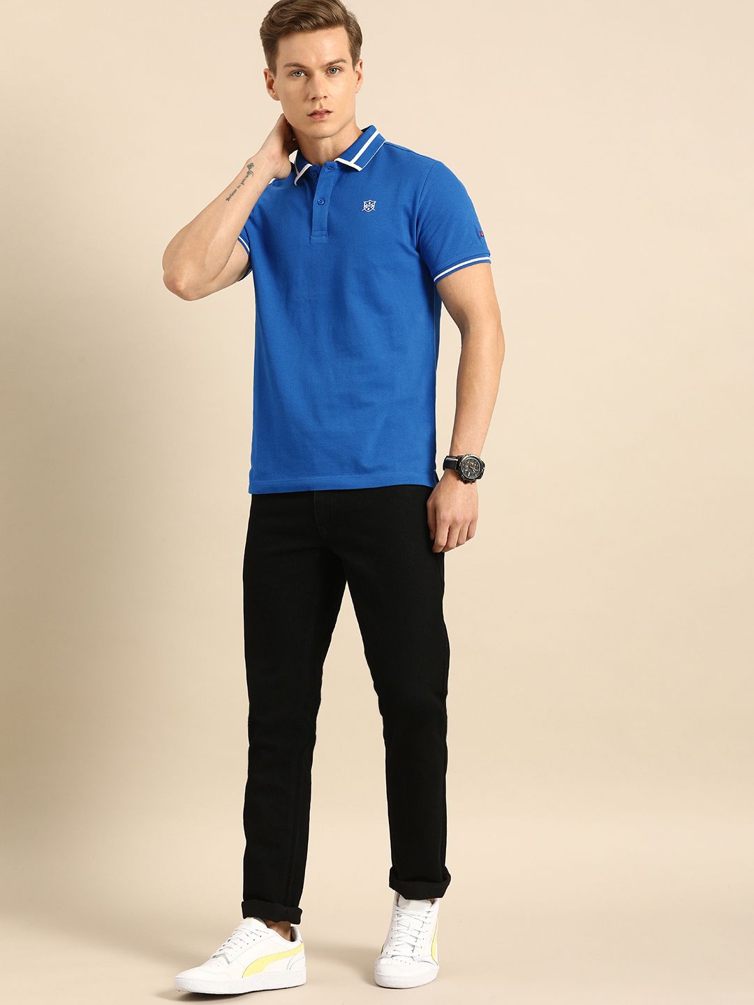 Being Human Clothing Men Blue Solid Polo Collar Pure Cotton T-shirt