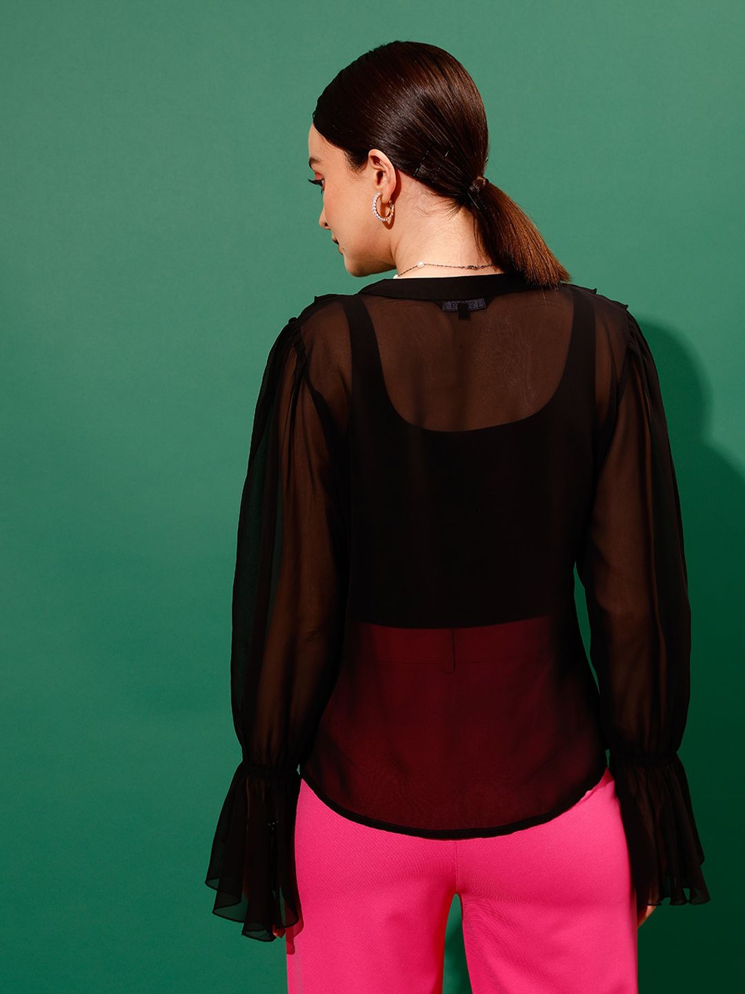 STREET 9 V-Neck Shirt Style Sheer Ruffled Top