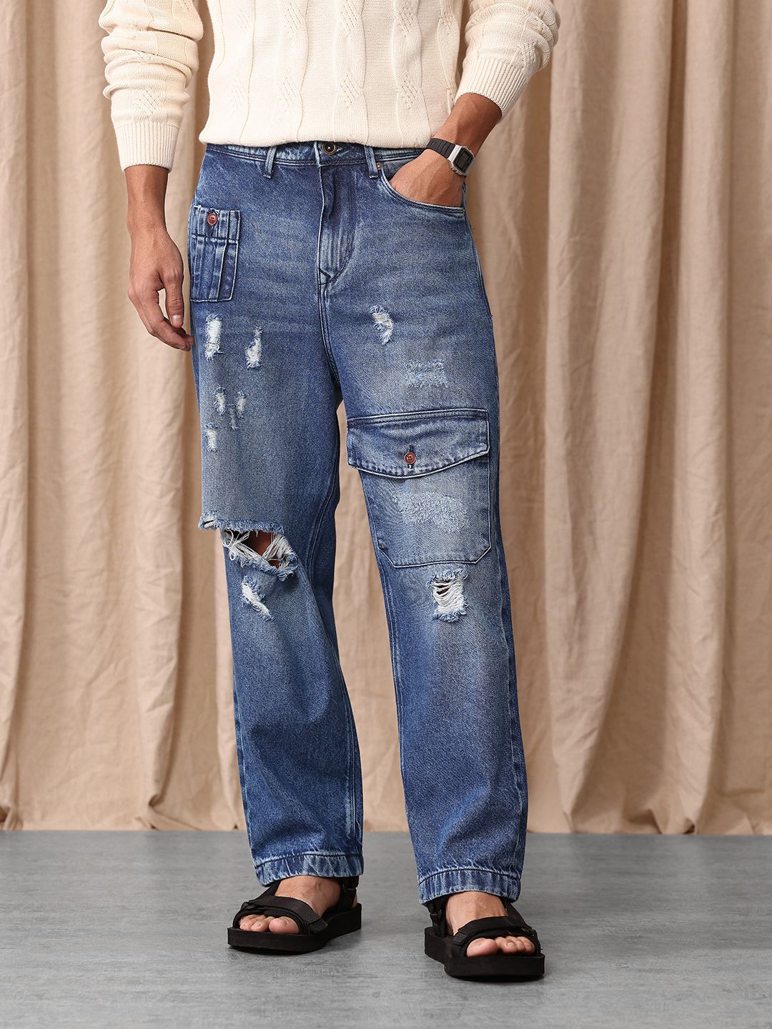 Mr Bowerbird Men Pure Cotton Oversized Fit Mildly Distressed Heavy Fade Cargo Style Jeans
