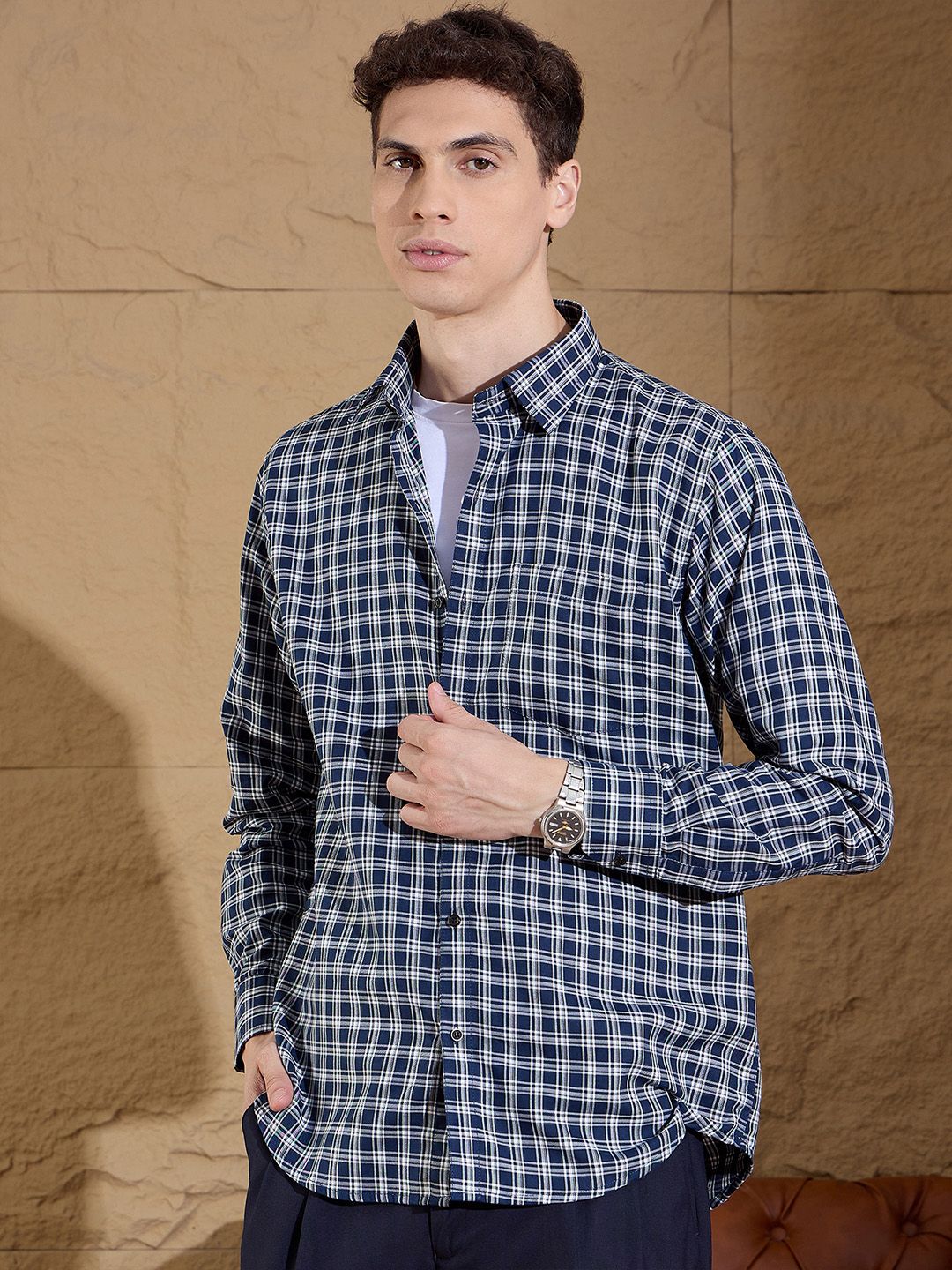 DENNISON Men's Tartan Checks Cotton Casual Shirt