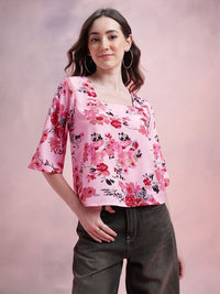 DressBerry Floral Print Square Neck Flared Sleeves Top