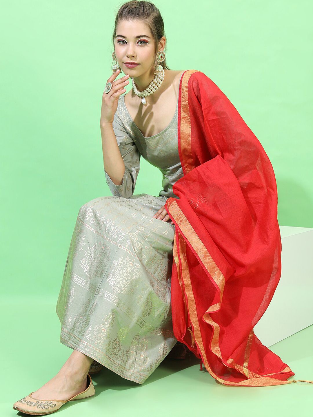 Vishudh Women Green Ethnic Maxi Dress