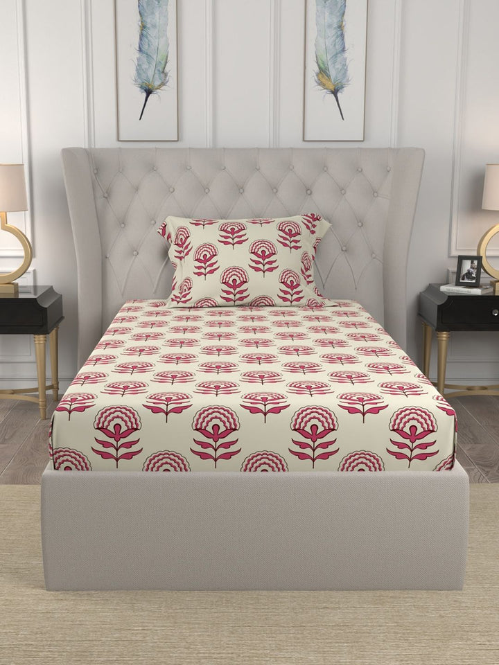URBAN SPACE Florabell Cherry Red 200 TC Floral Single Bedsheet