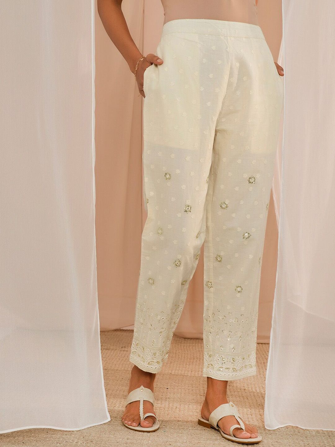 Libas Floral Embroidered Regular Sequinned Pure Cotton Kurta With Trousers & Dupatta
