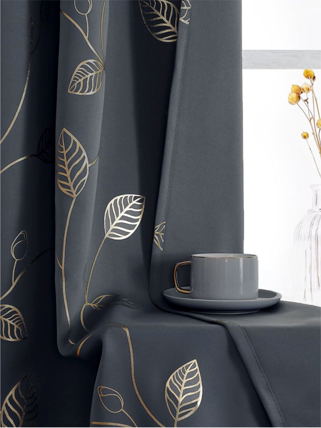 URBAN SPACE Grey & Gold-Toned Floral Printed Black Out Door Curtain