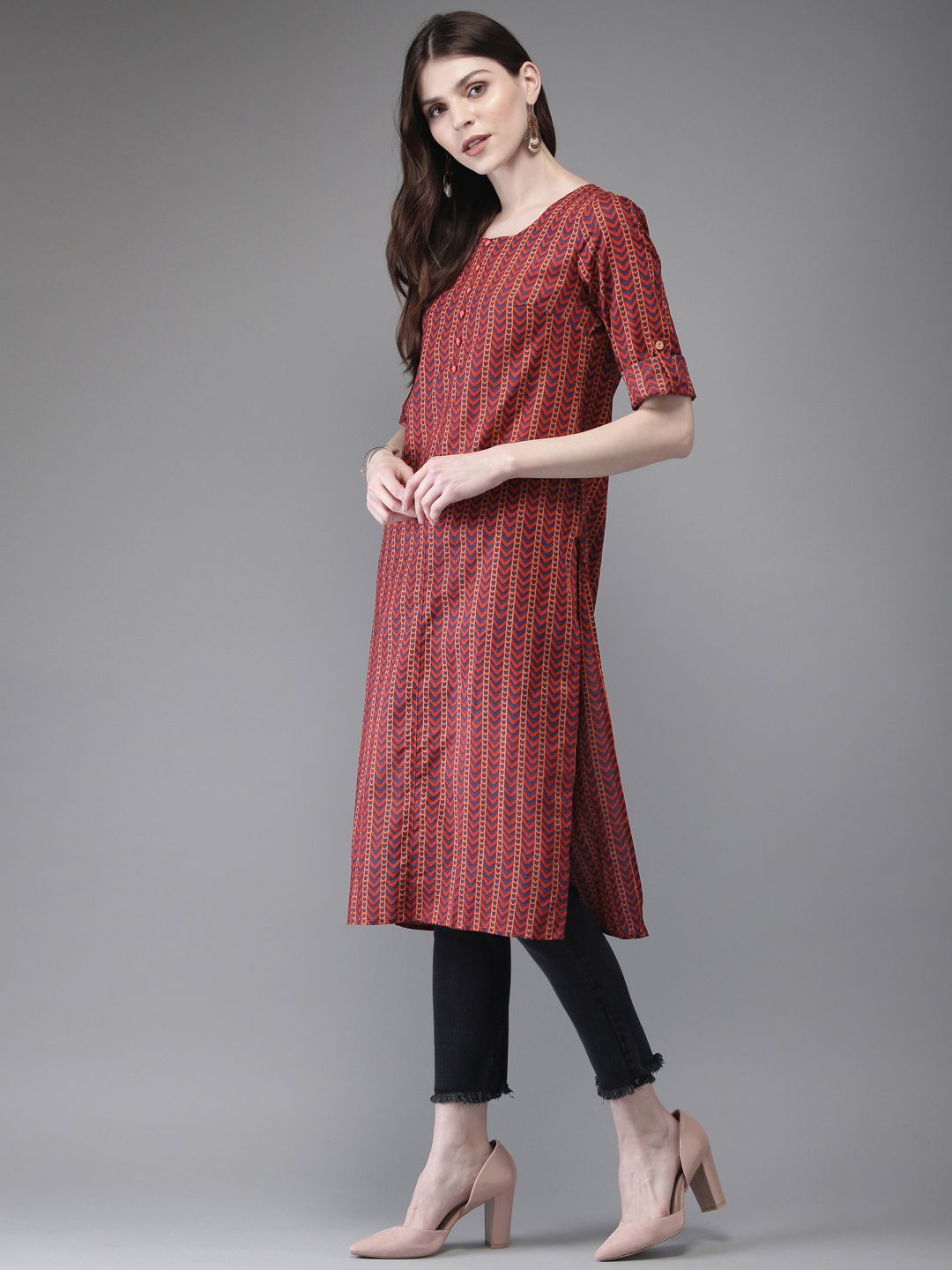 Anouk Women Red & Blue Printed Straight Kurta