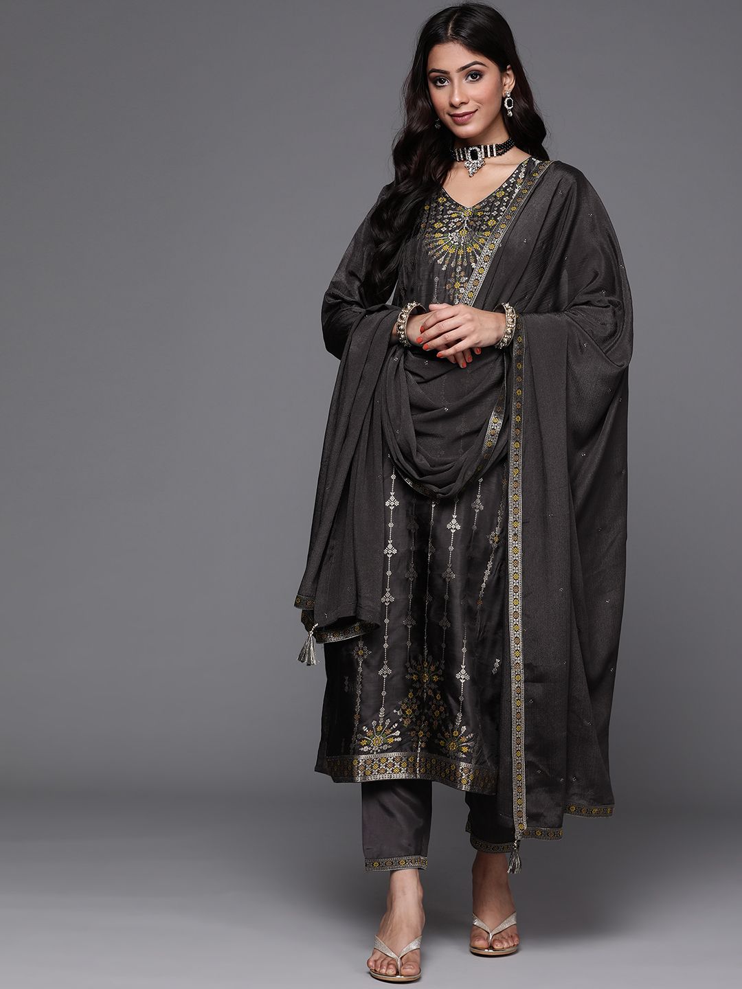 Libas Women Charcoal Grey & Mustard Yellow Ethnic Zari Straight Kurta Trousers Dupatta