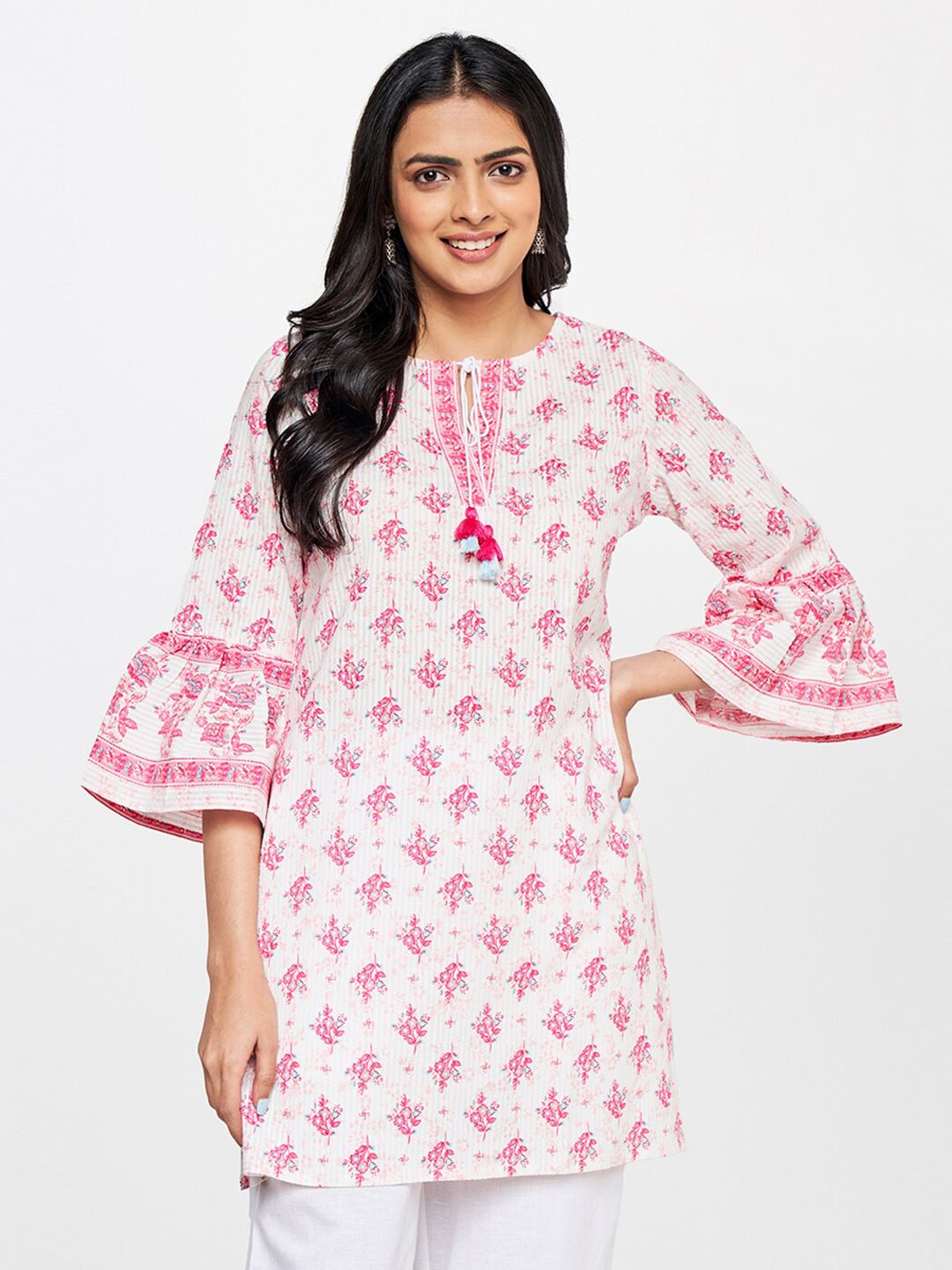 Global Desi Floral Printed Bell Sleeves Pure Cotton Kurti