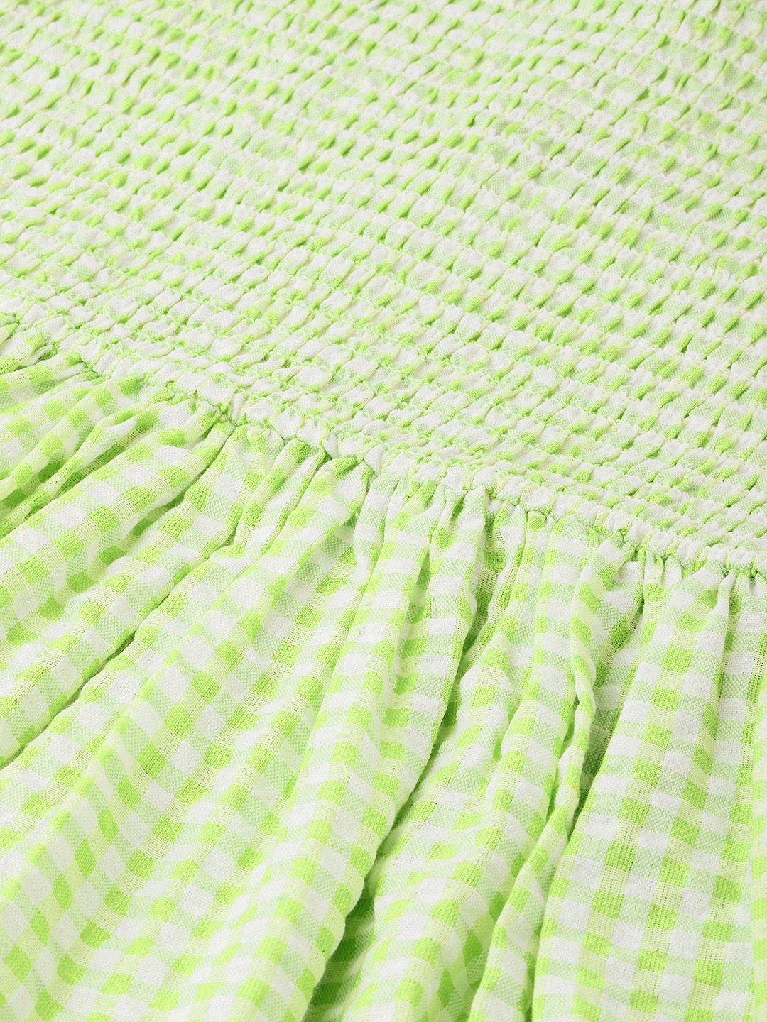 DressBerry Playful Bodice Smocked Tie-Up Straps Seersucker Checked A-line Dress