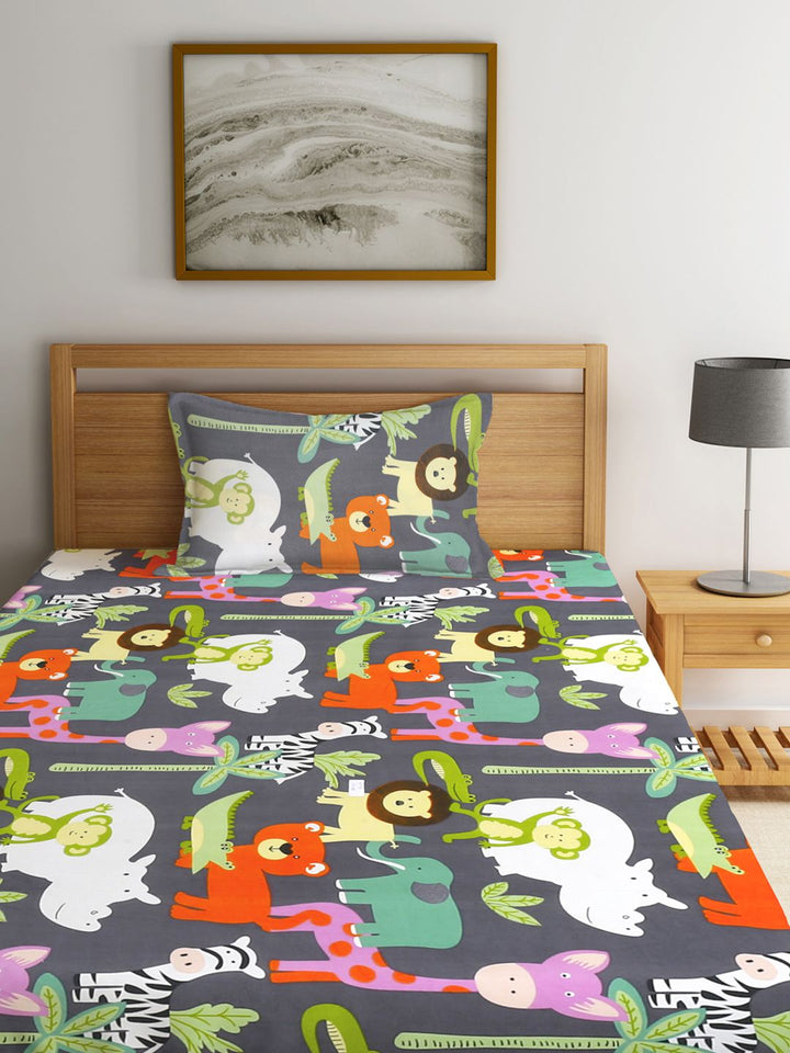 KLOTTHE Grey & White Printed 300TC Fitted Single Bedsheet With Pillow Cover