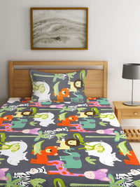 KLOTTHE Grey & White Printed 300TC Fitted Single Bedsheet With Pillow Cover