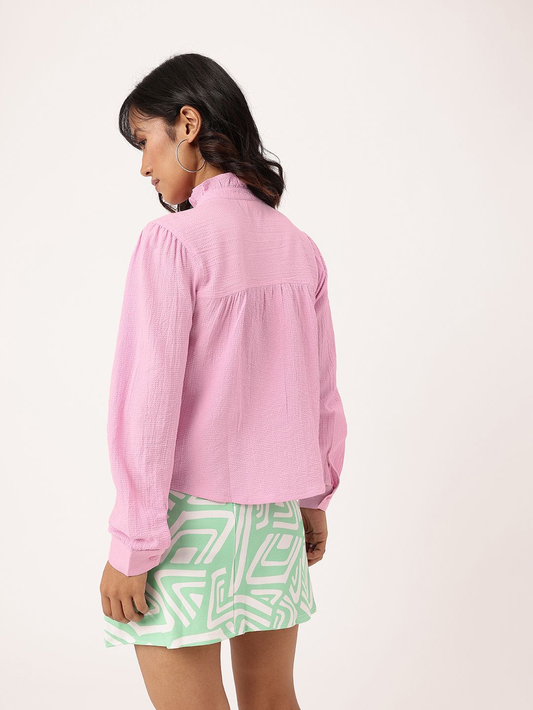DressBerry Vibrant Vibes Seersucker Textured Ruffles Shirt