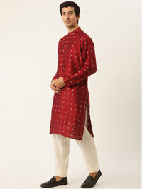 SOJANYA Kurta Motif Etnik Maroon Lelaki dengan Jaket Churidar & Nehru