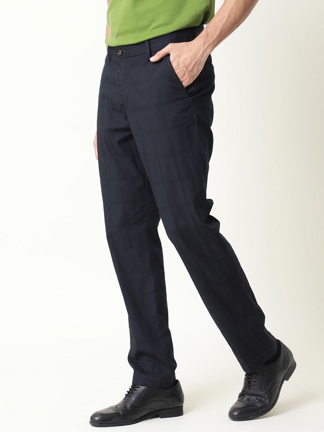 RARE RABBIT Men Navy Blue Regular Fit Solid Trousers