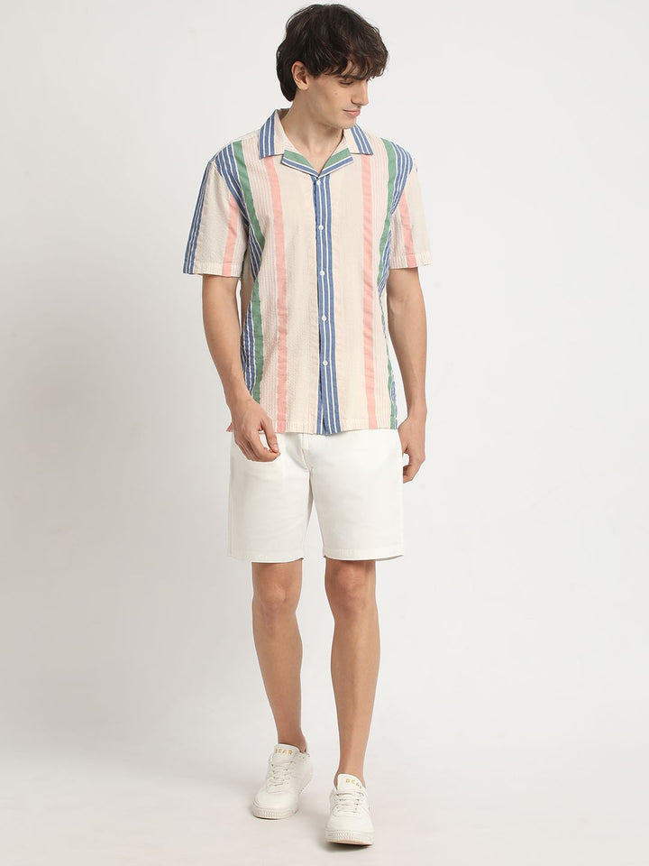 THE BEAR HOUSE Vertical Striped Cuban Collar Pure Cotton Casual Shirt