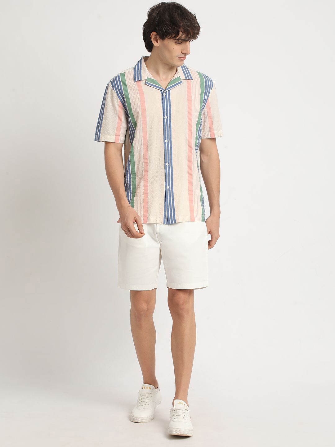 THE BEAR HOUSE Vertical Striped Cuban Collar Pure Cotton Casual Shirt