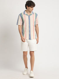 THE BEAR HOUSE Vertical Striped Cuban Collar Pure Cotton Casual Shirt