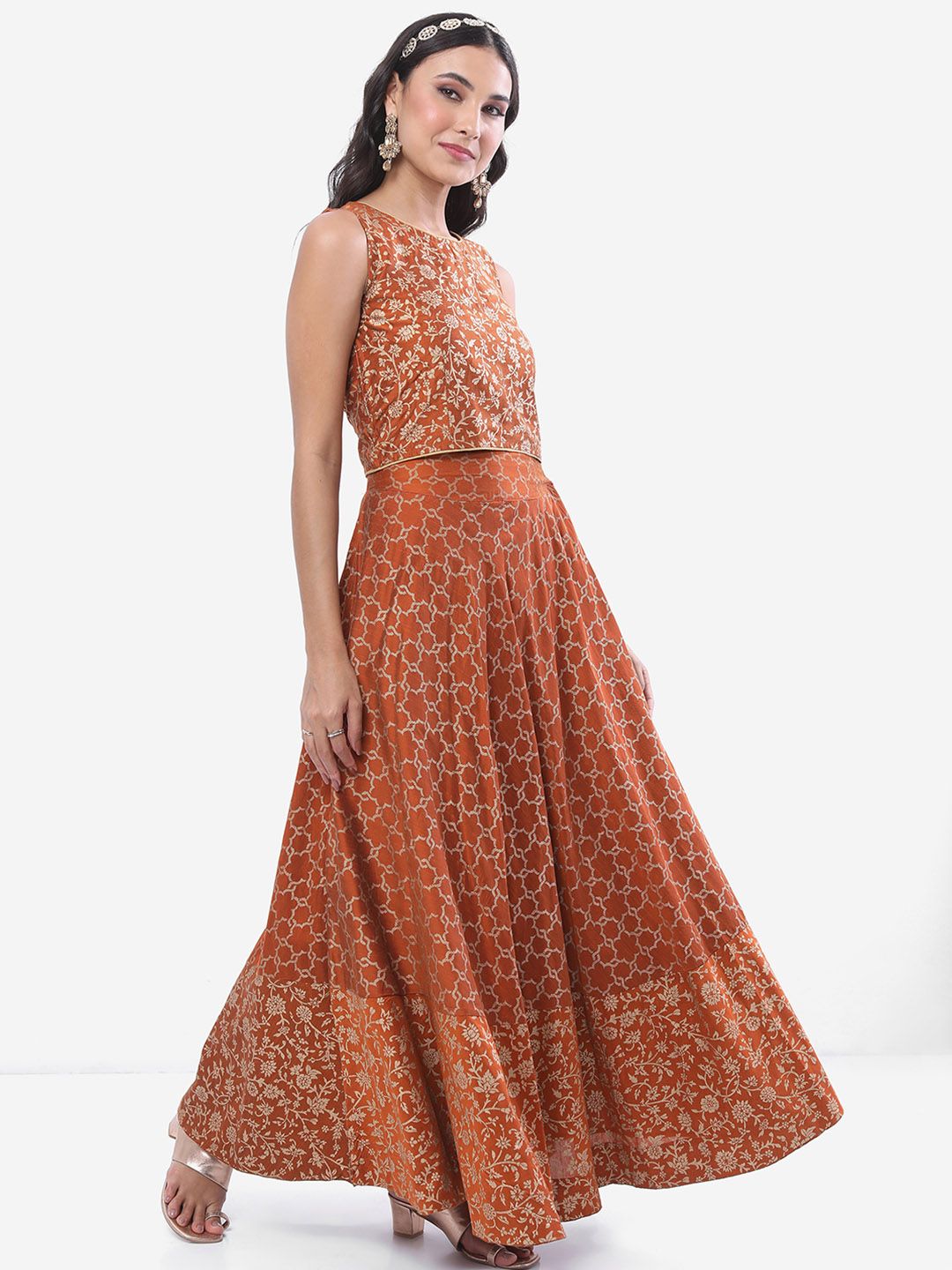 Vishudh Rust Ethnic Motifs Printed Ethnic Top with Skirt & Jacket