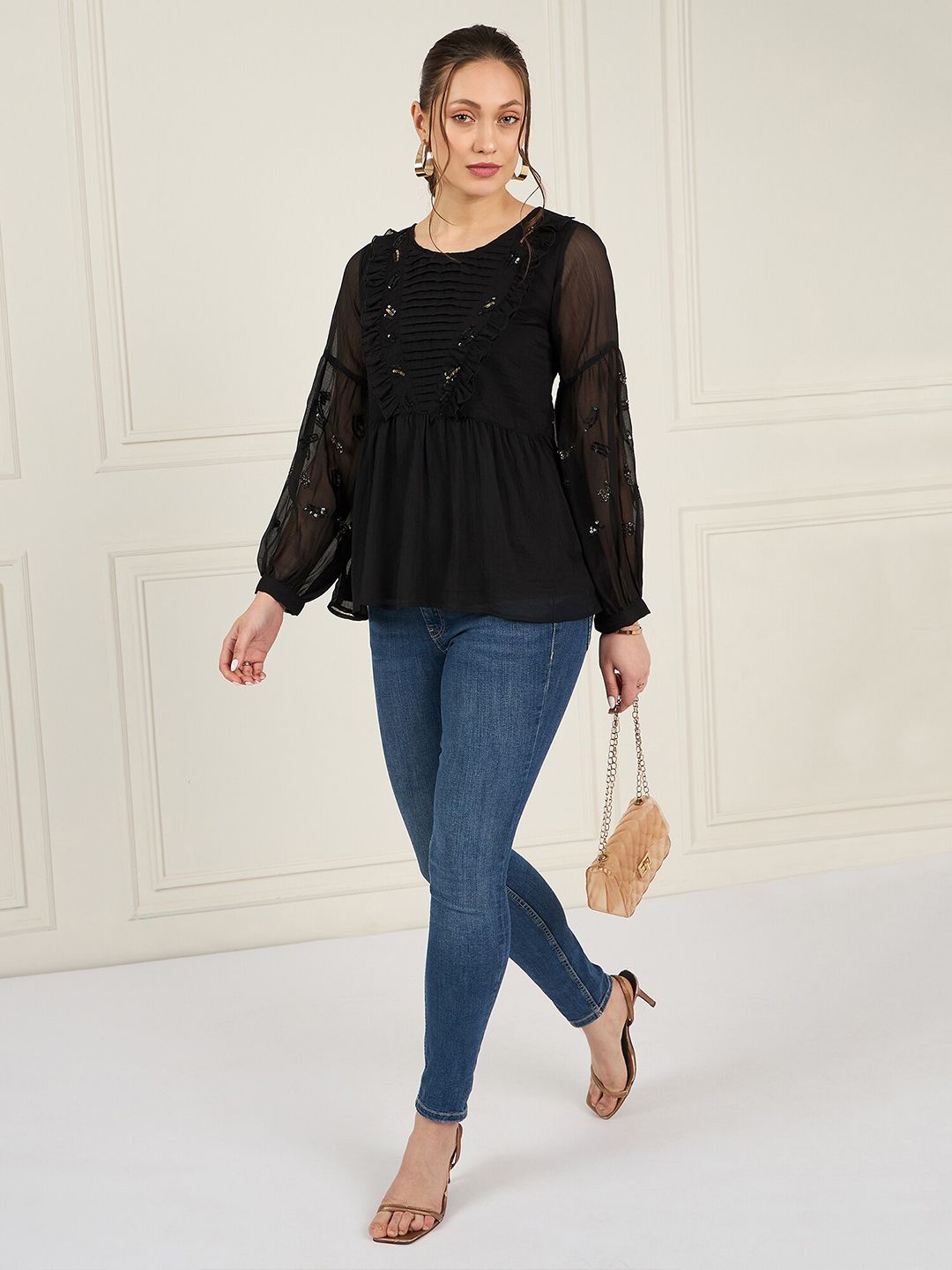 Antheaa Sequined Cuffed Sleeves A-Line Top with Pleated Detail
