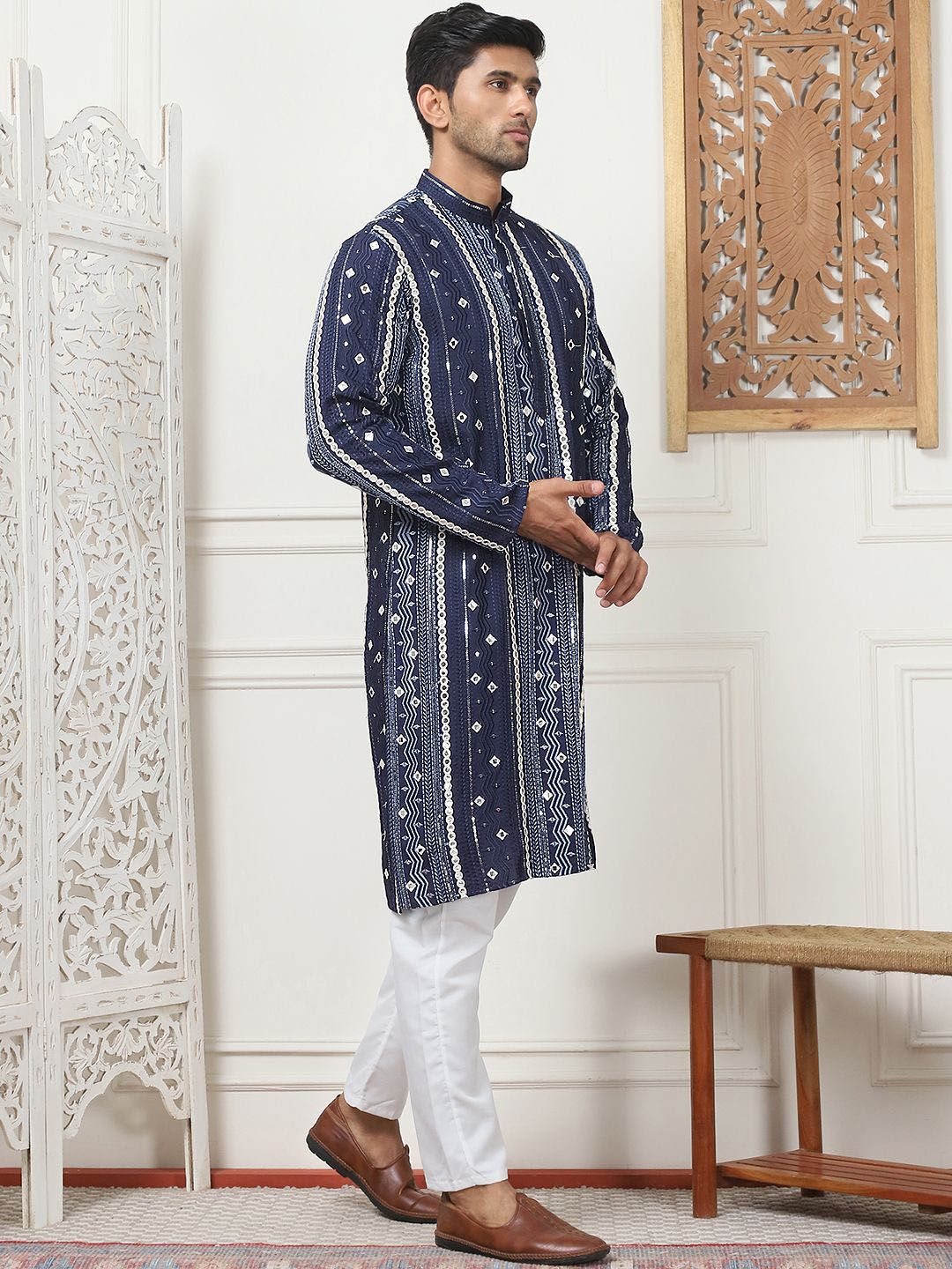 Anouk Embroidered Mandarin Collar Mirror Work Cotton Silk Straight Kurta With Pyjamas