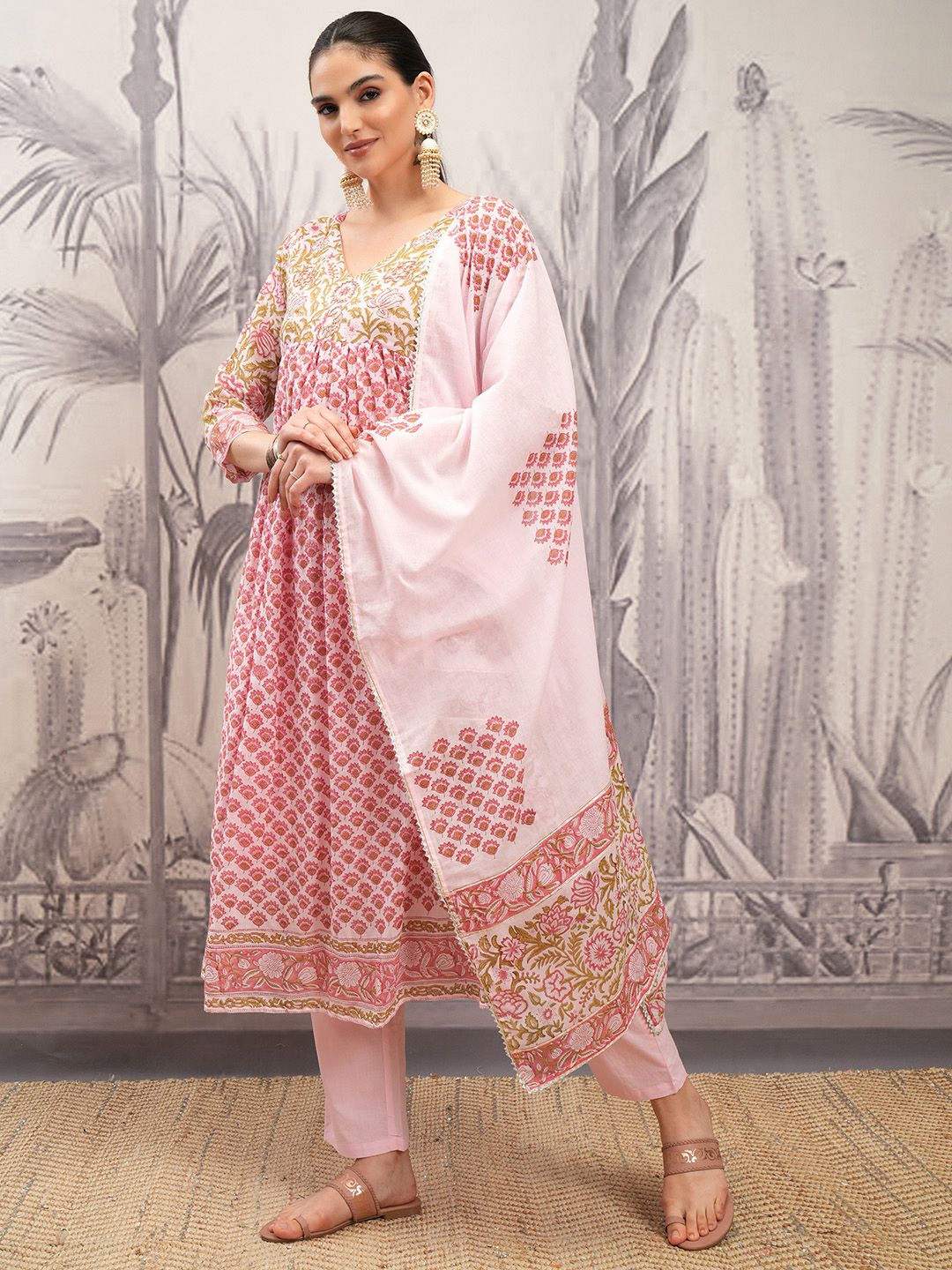 Vishudh Pink V Neck Floral Printed Regular Pure Cotton Anarkali Kurta Set