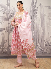 Vishudh Pink V Neck Floral Printed Regular Pure Cotton Anarkali Kurta Set
